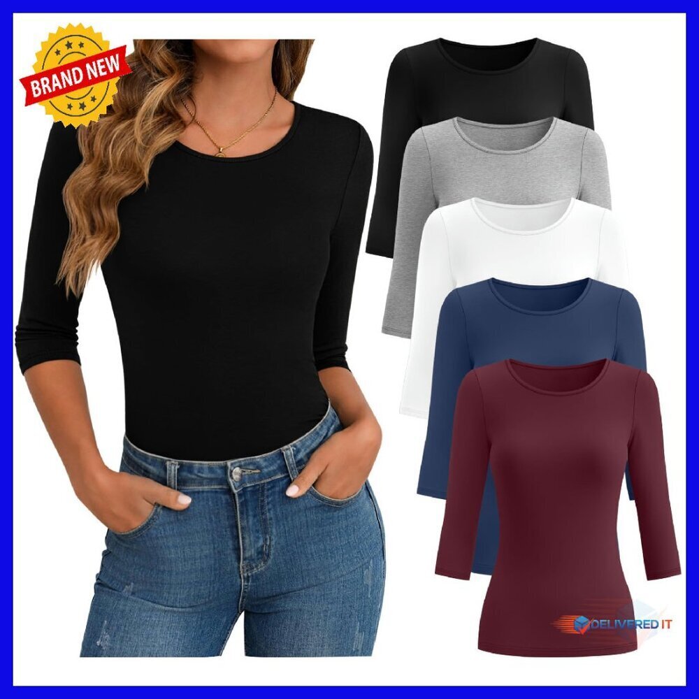 5 Pack Women's 3/4 Sleeve Slim Fit Cotton Tunic Tees Basic Tops